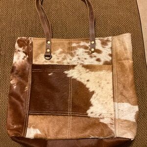 Myra Bag Cowhide Patchwork Tote with Leather Straps
